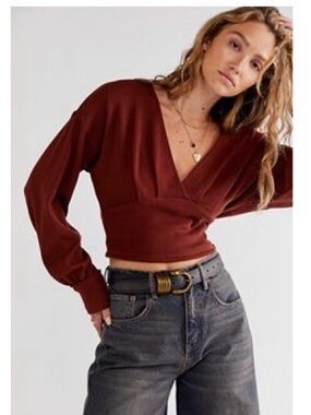 Free People V-Neck Cropped Sweater Top in Deep Burgundy